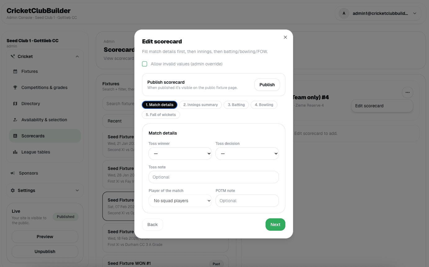 How club admins manage fixtures and scoreboards